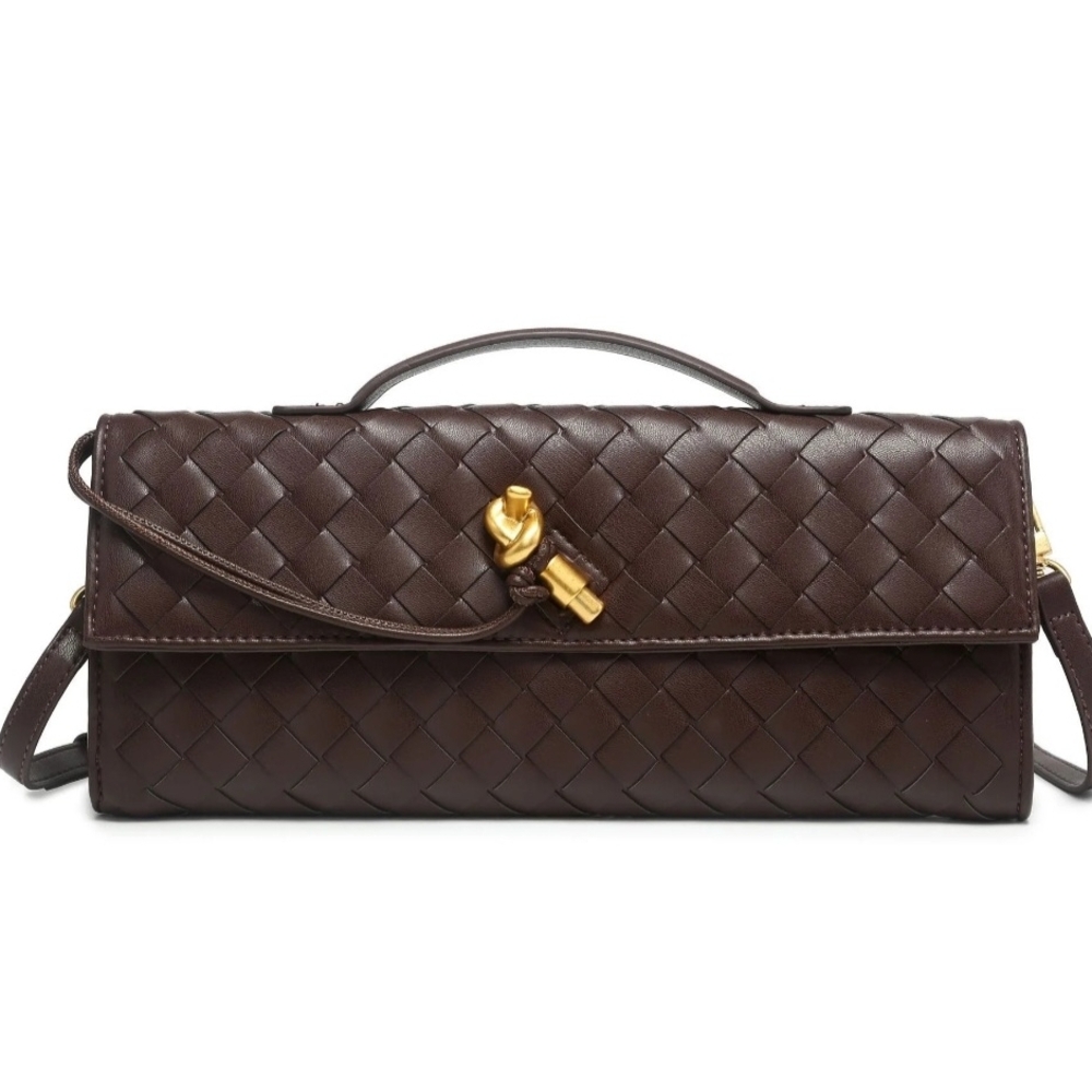Woven Leather Knot-Accent Shoulder Bag - Brown.  NEW